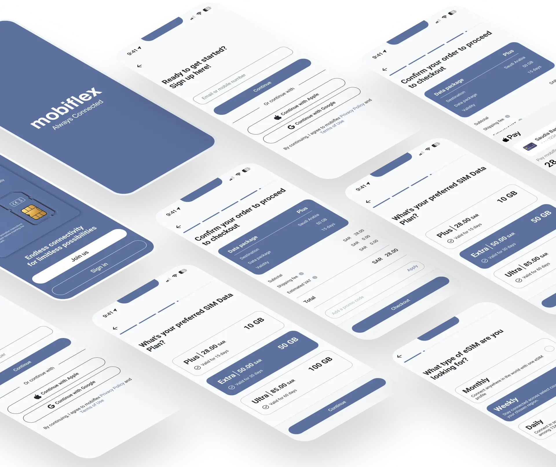 Mobiflex mobile application mockups